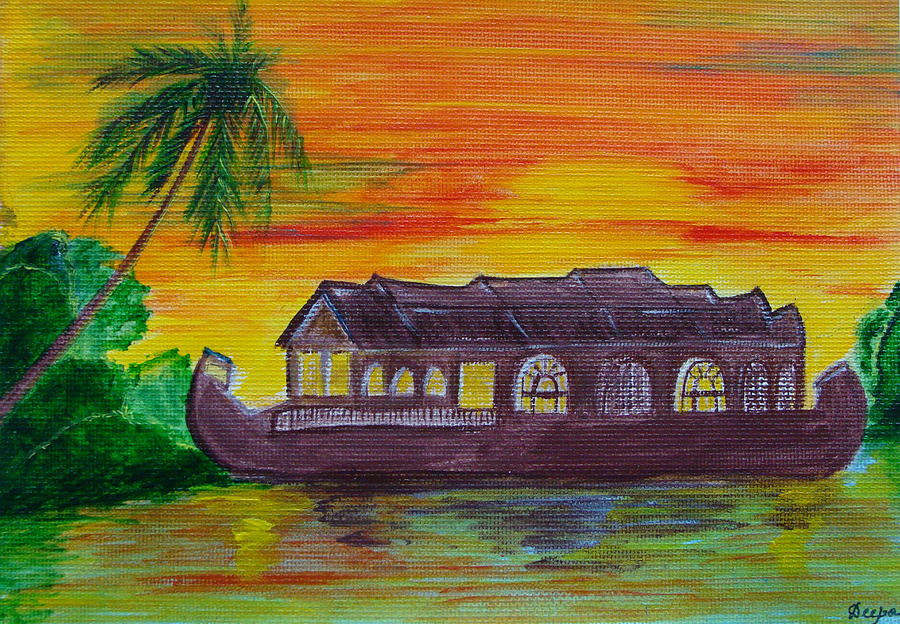 900x624 Houseboat Painting By Deepa Gopal Sunil - Houseboat Painting