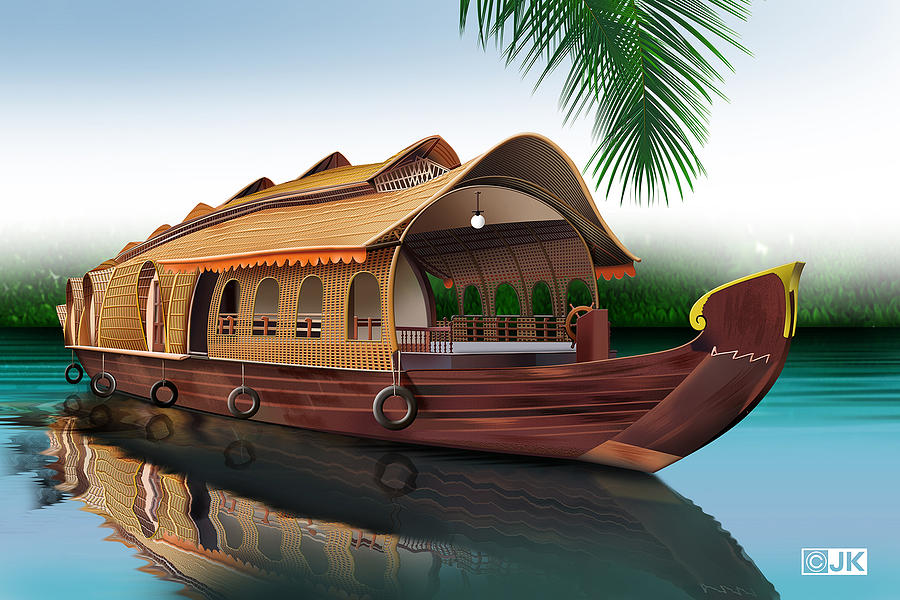 900x600 Houseboat Painting By Jyothish Kumar - Houseboat Painting