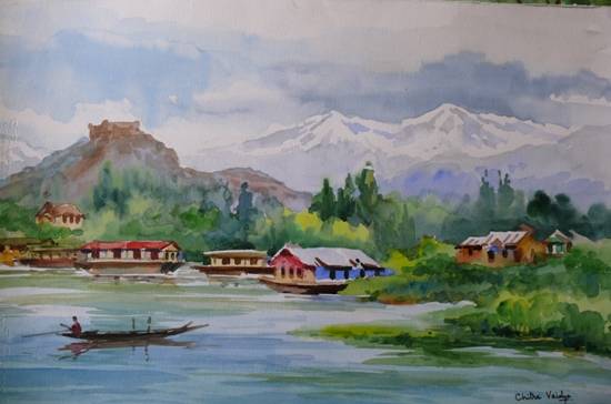 550x364 Kashmir Dal Lake From Houseboat, Painting By Professional Artist - Houseboat Painting