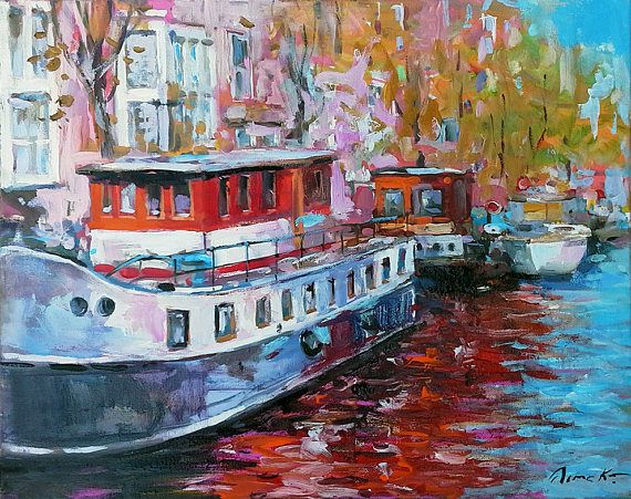 570x451 Amsterdam Boats Original Oil Painting 16x20 Canvas Europe - Houseboat Painting