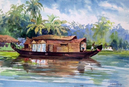 550x370 Kerala, Paintings By Artist Chitra Vaidya - Houseboat Painting