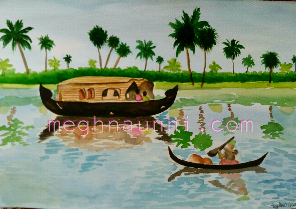 1020x720 Kerala Backwaters Painting In Watercolors - Houseboat Painting