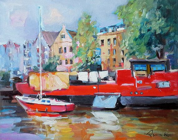 570x447 Red Houseboat Original Oil Painting 16x20 Canvas Europe Original - Houseboat Painting