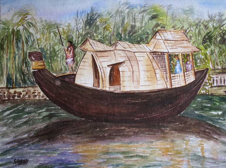 770x571 Saatchi Art Houseboat Painting By Sabari Girish - Houseboat Painting