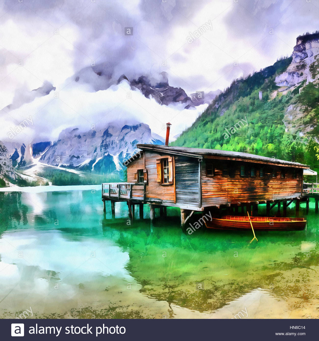 1300x1387 The Works In The Style Of Watercolor Painting. Houseboat Stock - Houseboat Painting