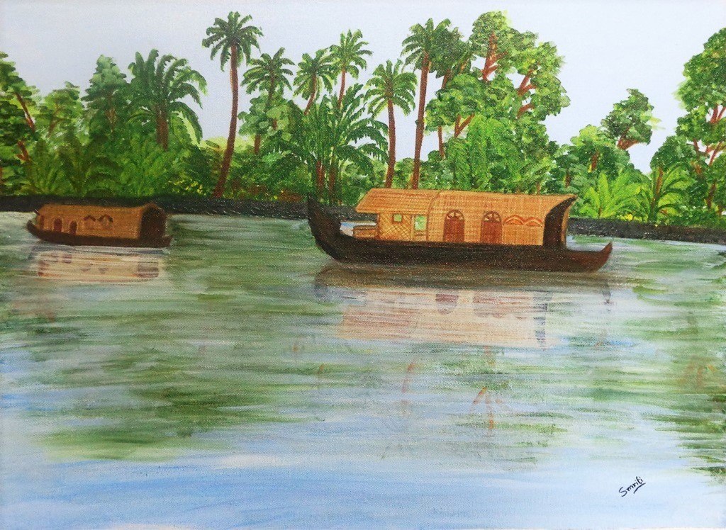 1024x748 Buy Backwaters Handmade Painting By Smriti Chaurasia. Code - Houseboat Painting