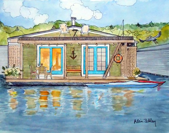 570x449 Custom House Portrait Houseboat Painting Custom Home - Houseboat Painting