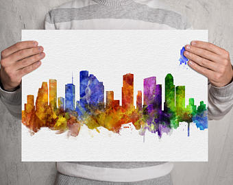340x270 Houston Skyline Canvas 12 X 4 Inches Red With Blue Amp White - Houston Skyline Painting