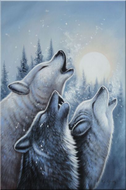 408x612 Framed Three Howling Wolves In Snowing Forest With Moonlight Oil - Howling Wolf Painting