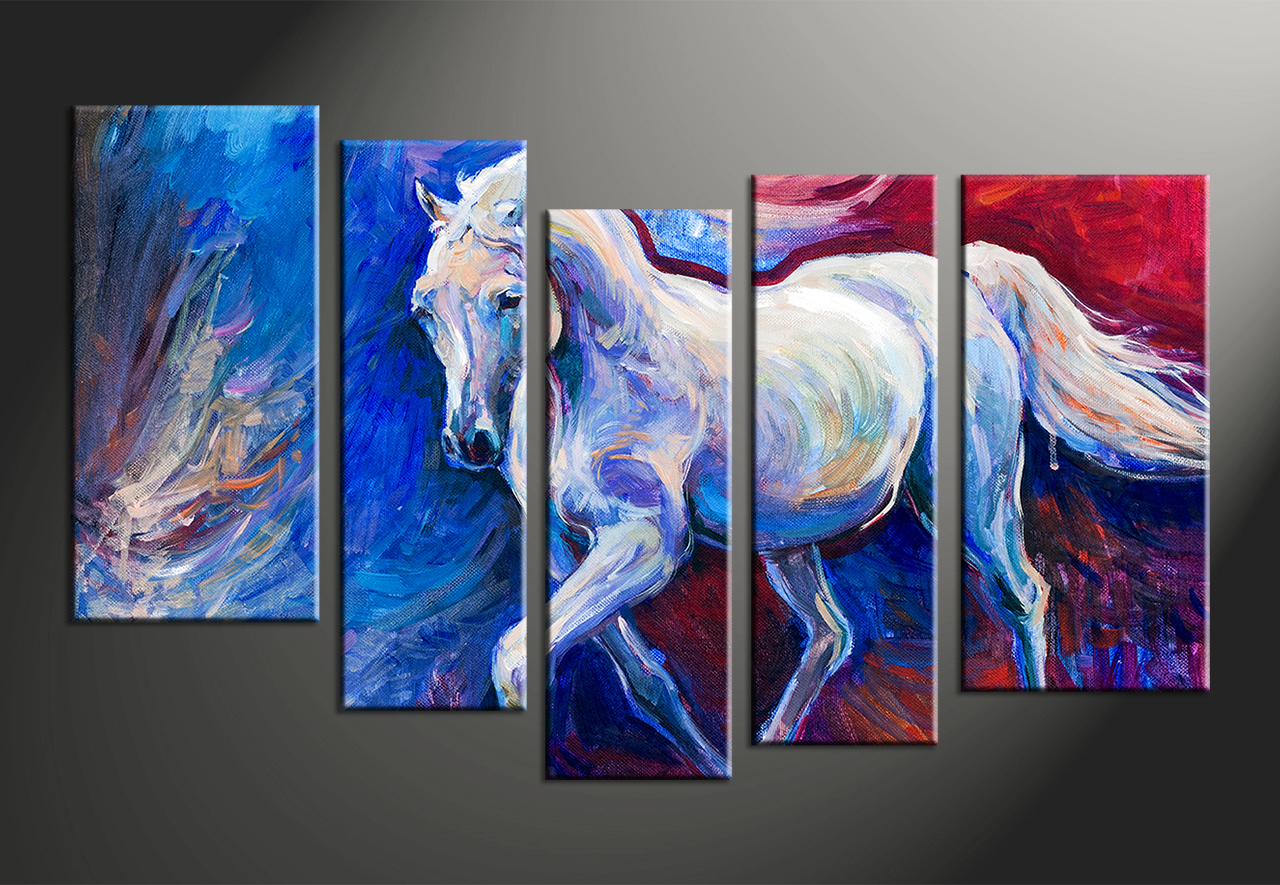 1280x885 5 Piece Blue Canvas Horse Wildlife Decor - Huge Canvas Painting