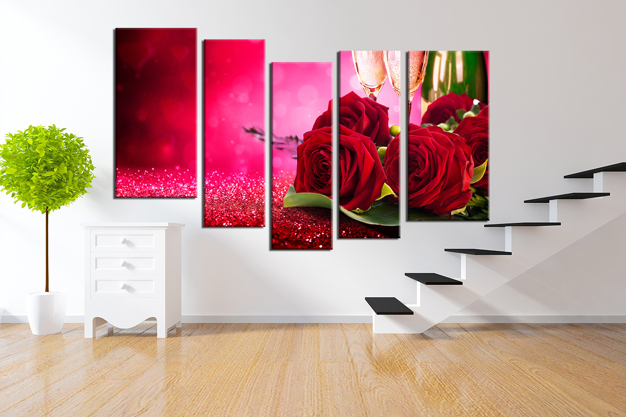 1280x854 5 Piece Large Pictures, Champagne Multi Panel Art, Red Rose - Huge Canvas Painting