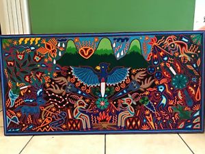 300x225 Huichol Mexican Authentic Fine Art Yarn Painting 47x24 Hand Made - Huichol Painting