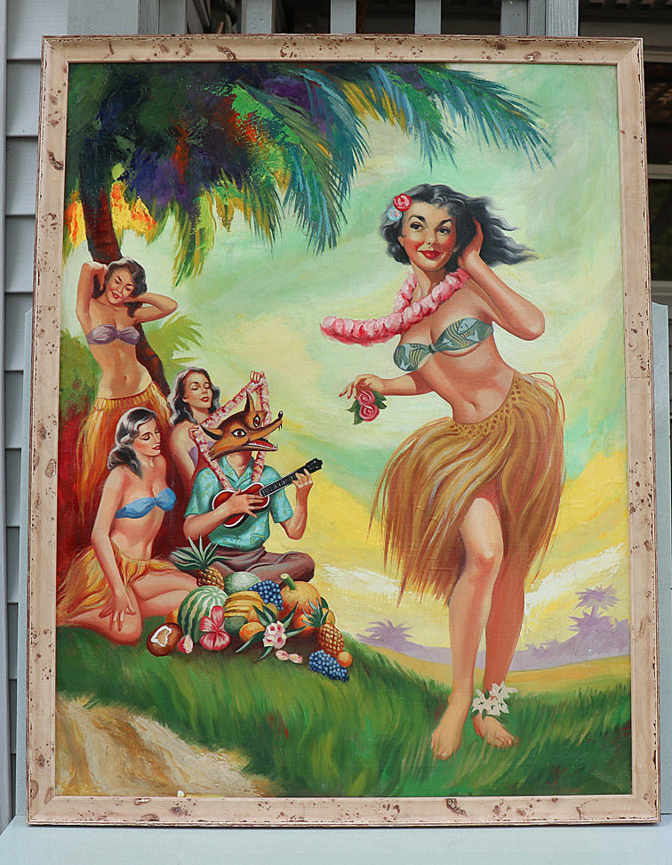 756x972 Vintage 50s Hula Girl Pinup Painting Rogue Magazine Oil On Canvas - Hula Girl Painting