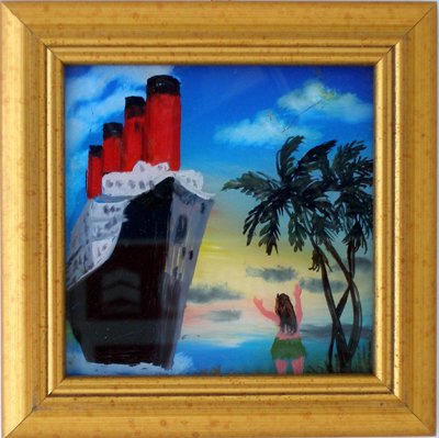400x399 Hula Girl Greeting Steamer Ship Arriving In Hawaii - Hula Girl Painting