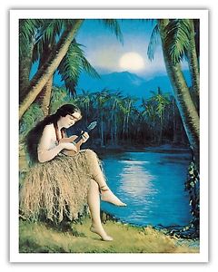 240x300 Hula Moon Hawaiian Girl 1930s Vintage Pin Up Calendar Page Fine - Hula Painting