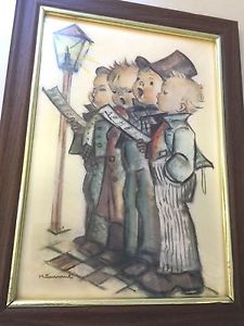 225x300 Vintage Wood Framed Hummel 4 Boys Singing Carols Carolers Print - Hummel Painting