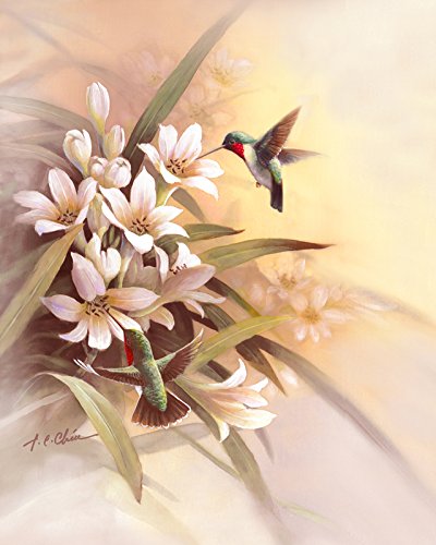 400x500 Hummingbird And Flowers Print Of Watercolor Painting - Hummingbird And Flower Painting