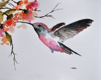 340x270 Original Watercolor Bird Painting, Flying Hummingbird With Pink - Hummingbird And Flower Painting