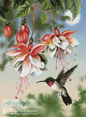 367x500 Fuchsia And Hummingbird Cross Stitch Pattern Birds - Hummingbird And Flower Painting