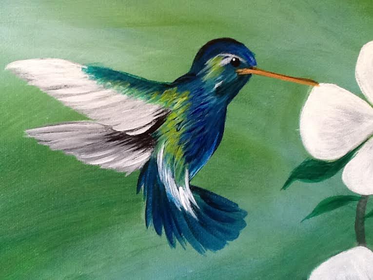 765x574 Hummingbird With Dogwood Blooms Tilted Canvas Paint Party - Hummingbird Canvas Painting