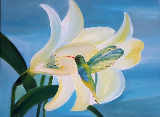 613x448 Oil Painting Hummingbird And Lilies Botanical Collection Aftcra - Hummingbird Canvas Painting