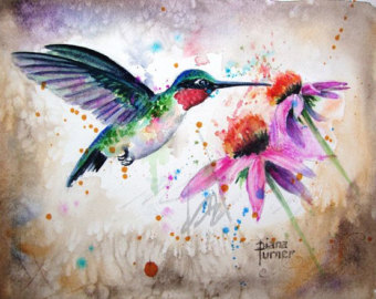 340x270 Hummingbird Watercolor Painting Blue Bird Wall Decor Nature - Hummingbird Flower Painting