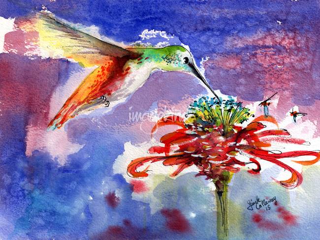 650x488 Hummingbird On Red Flower Watercolor By Ginette Callaway - Hummingbird Flower Painting
