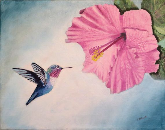 570x449 Paintings Of Birdsnd Flowersnd Wildlifert Paintings - Hummingbird Flower Painting