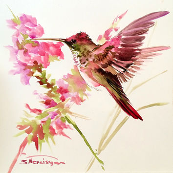 354x354 Shop Watercolor Paintings Of Hummingbirds On Wanelo - Hummingbird Flower Painting
