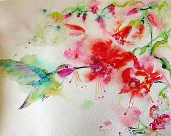 340x270 Hummingbird Art Print Bird Watercolor Giclee Print Painting - Hummingbird Flower Painting