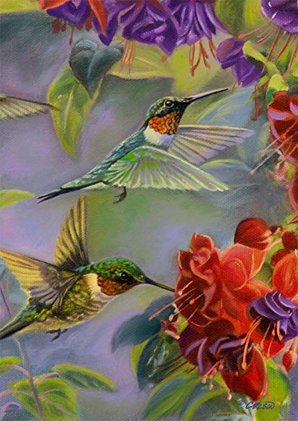 429x606 Hummingbird Spring Garden Flag Vibrant Flowers Flying - Hummingbird Flower Painting