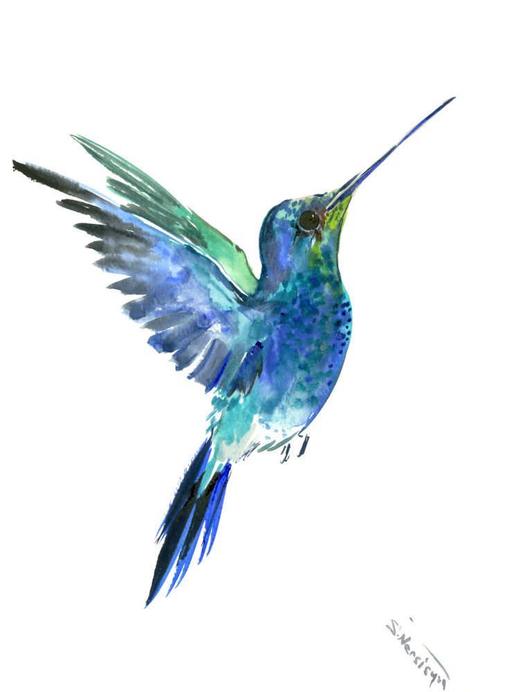 739x1000 Emerland Hummingbird Painting, 12 X 9 In,bright Color Flowers - Hummingbird Painting