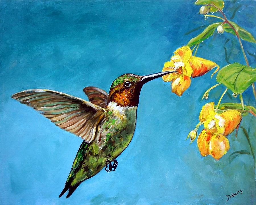 900x720 Hummingbird With Yellow Flowers Painting By Dottie Dracos - Hummingbird Painting Images