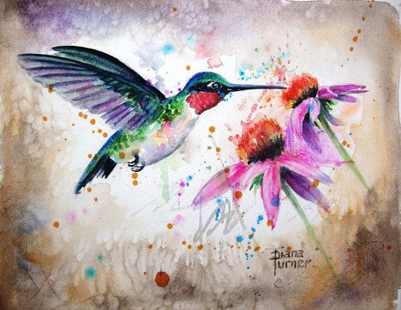 570x440 Ruby Throated Watercolor Hummingbird, Original Watercolor Giclee - Hummingbird Watercolor Painting