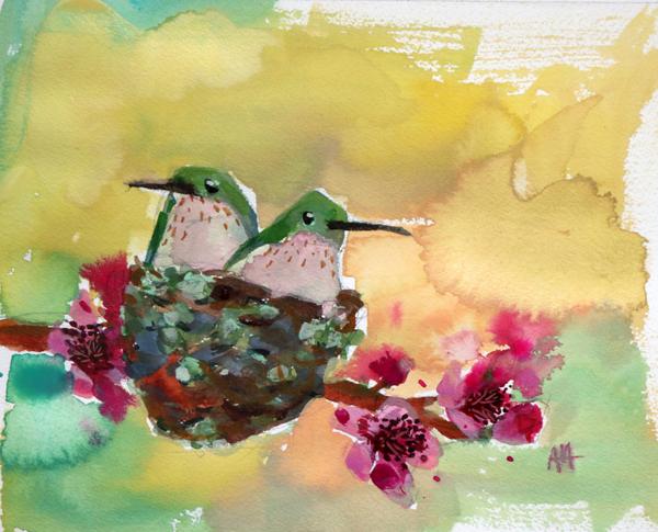 600x485 Two Hummingbirds In Nest Original Watercolor Painting By Angela - Hummingbird Watercolor Painting