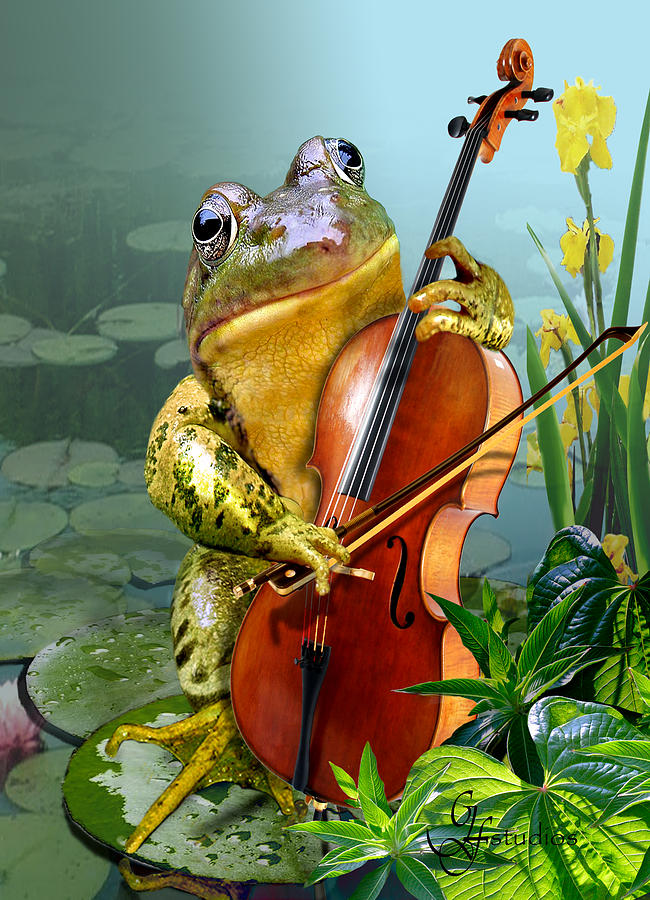 650x900 Humorous Scene Frog Playing Cello In Lily Pond Painting By Regina - Humorous Painting