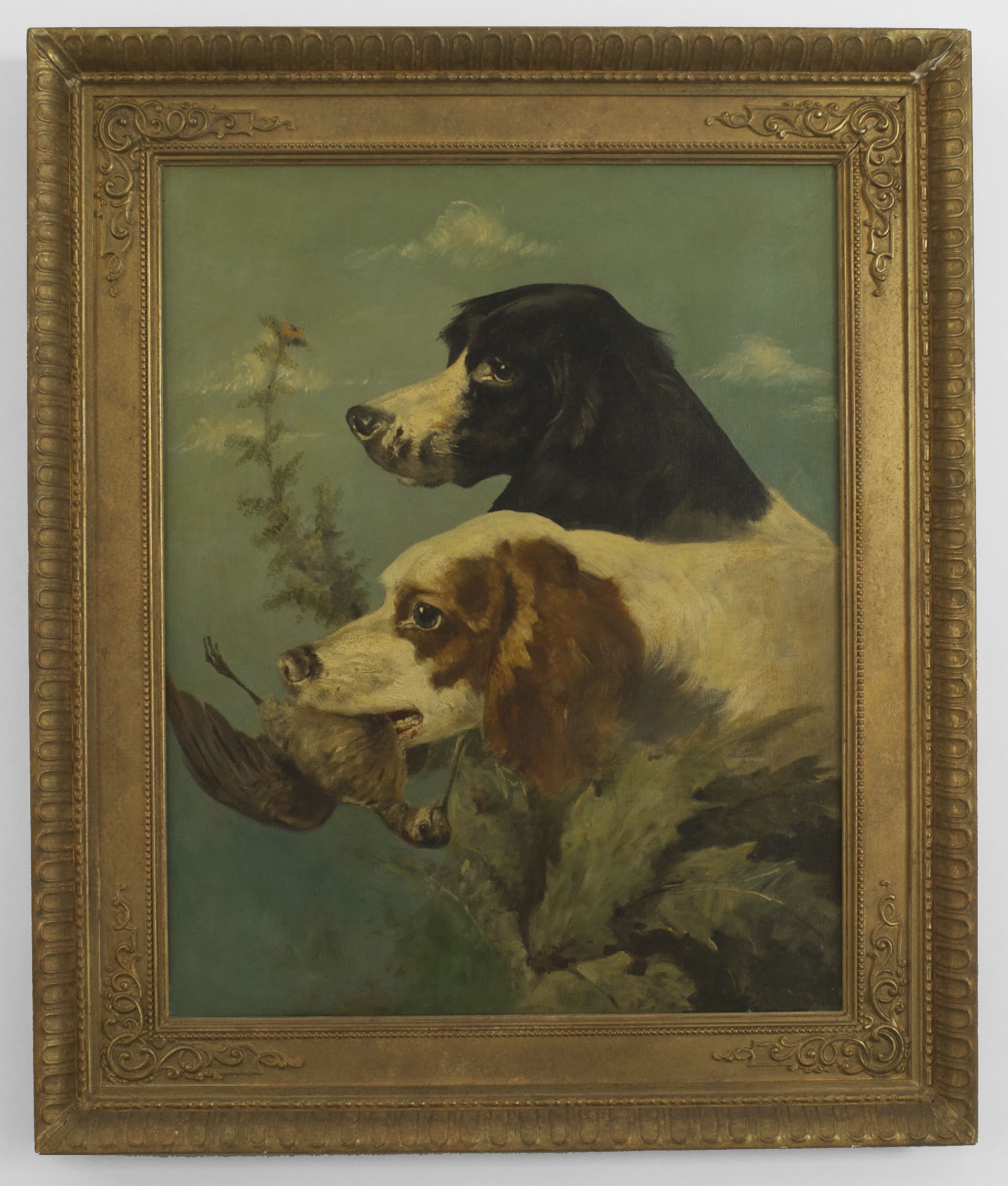 1920x2257 English Victorian Oil Painting Of 2 Hunting Dogs With One Hold - Hunting Dog Oil Painting