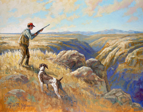 500x394 Into The Great Beyond, Hunter, German Shorthair And Chukar Painting - Hunting Painting