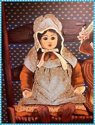 302x400 H. Huntington Signed Framed Folk Art Doll Original Oil Painting - Huntington Painting