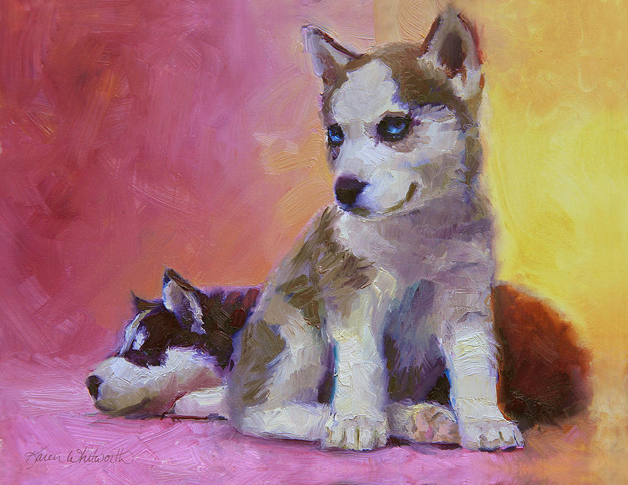 900x695 Double Trouble - Husky Dog Painting