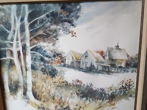 300x225 Vintage Signed Pat Coffman Huss Watercolor Painting Farm Scene - Huss Painting