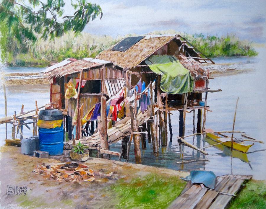 900x708 Nipa Hut At The Bay Painting By Bong Perez - Hut Painting