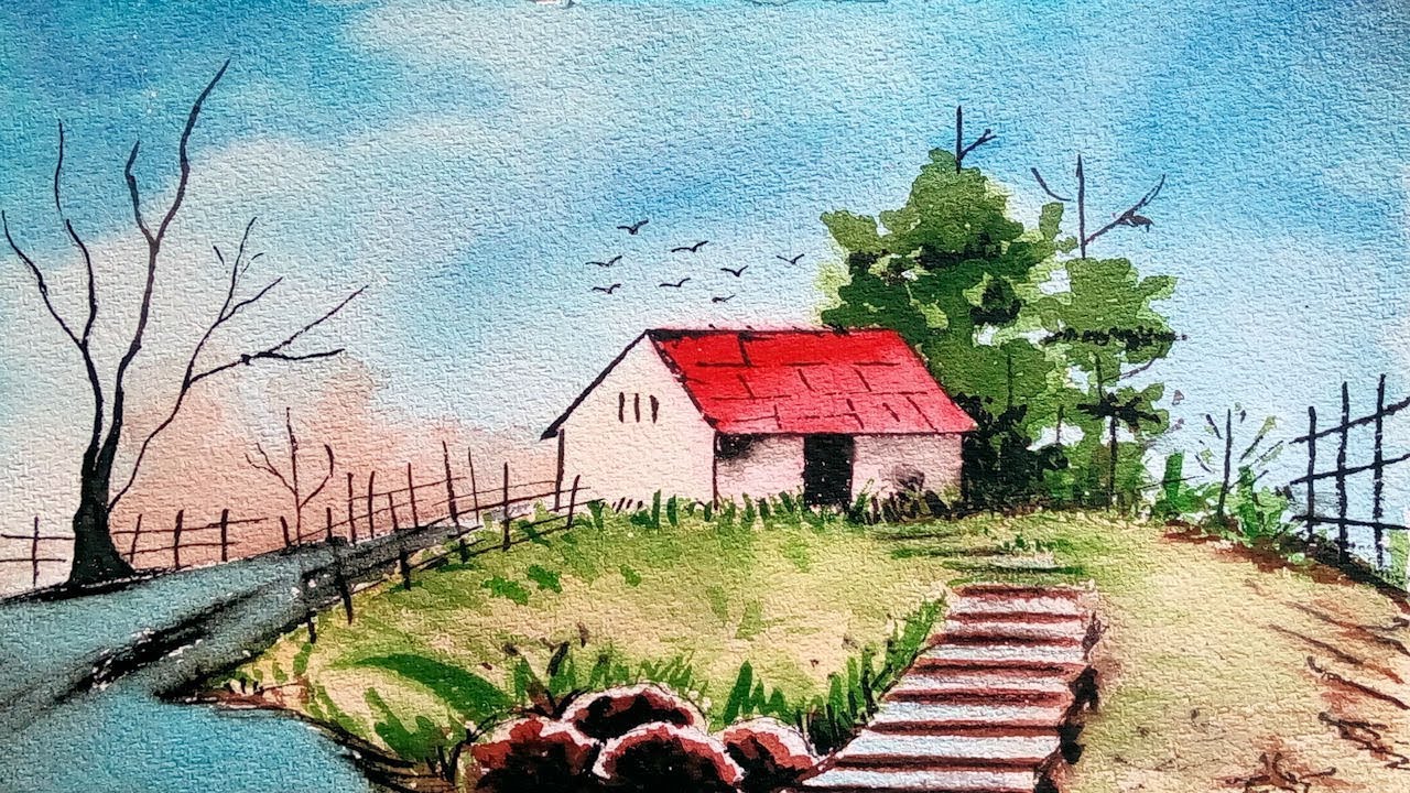 1280x720 Watercolor Painting 13 A Beautiful Red Hut - Hut Painting
