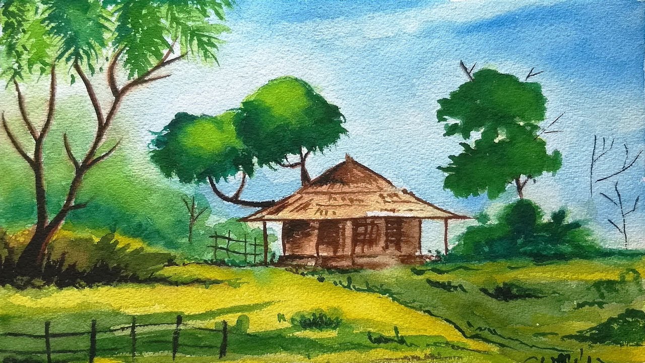 1280x720 Watercolor Painting 8 Bamboo Hut - Hut Painting