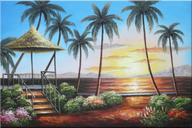 612x408 Hawaii Straw Hut With Palm Trees On Sunset Oil Painting Seascape - Hut Painting