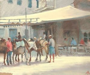 300x252 Original Michael Richardson Oil Taxi Rank, Hydra Greek Donkey - Hydra Painting