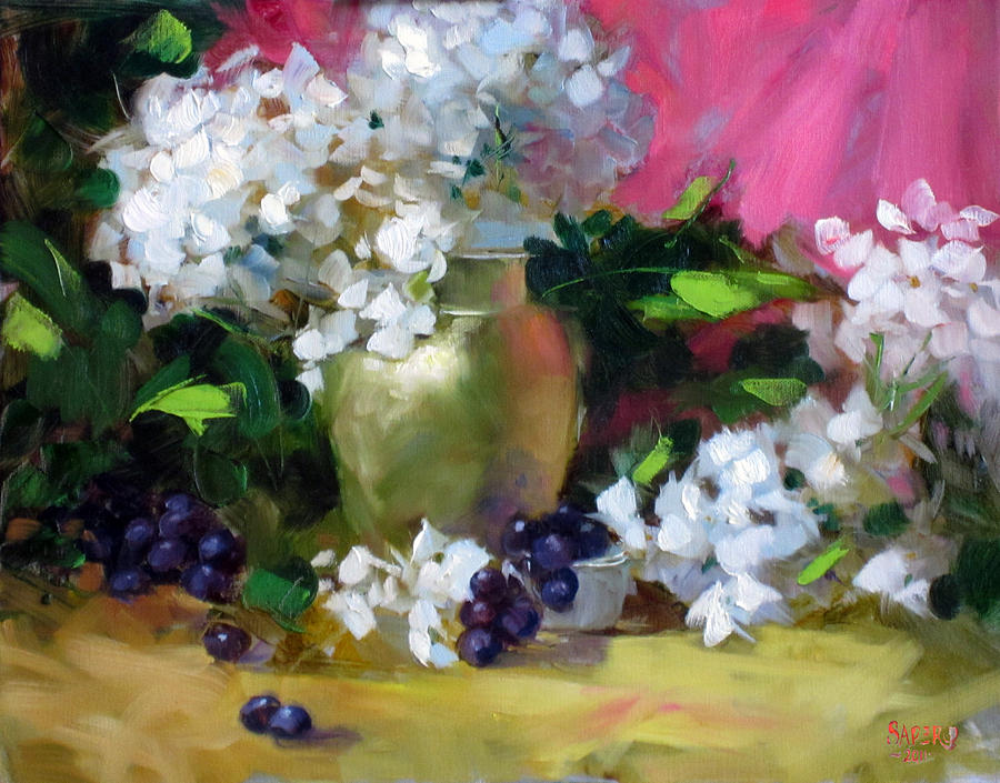 900x705 White Hydrangea And Golden Vase Painting By Chris Saper - Hydrangea Oil Painting