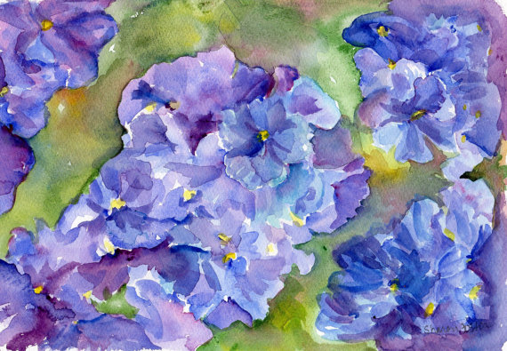570x395 Original Hydrangeas Watercolors Paintings 7 X 10 Purple - Hydrangea Watercolor Painting