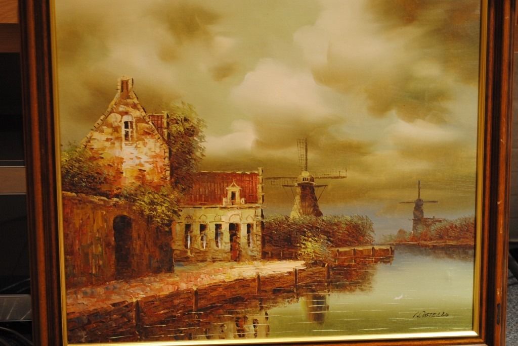 1024x685 Vintage Oil Painting On Canvas Dutch Scene Windmill Signed - I Costello Painting