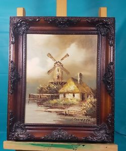 250x300 Cottage And Wind Mill Scene Small Oil Painting By I. Costello - I Costello Painting
